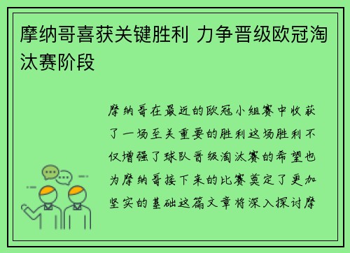 摩纳哥喜获关键胜利 力争晋级欧冠淘汰赛阶段