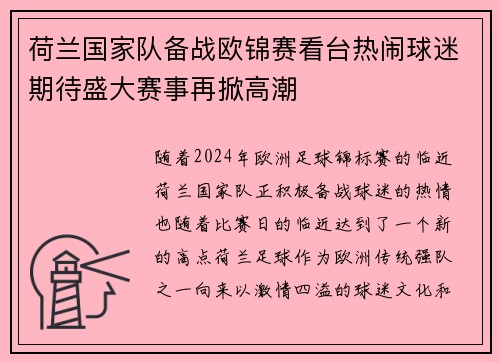 荷兰国家队备战欧锦赛看台热闹球迷期待盛大赛事再掀高潮